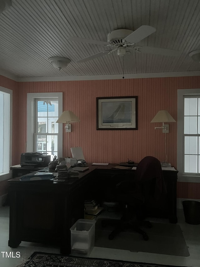 office area with a healthy amount of sunlight and ceiling fan