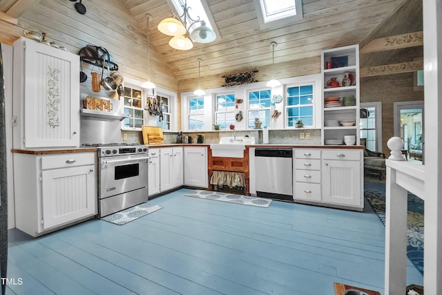 kitchen with vaulted ceiling, appliances with stainless steel finishes, pendant lighting, white cabinetry, and wooden ceiling