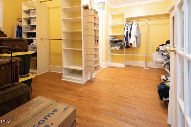 walk in closet with hardwood / wood-style flooring