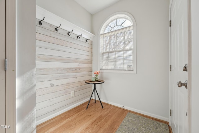 mudroom with light hardwood / wood-style floors