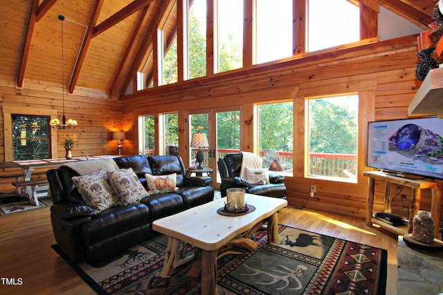 living room featuring wooden ceiling, wooden walls, hardwood / wood-style flooring, a healthy amount of sunlight, and beam ceiling