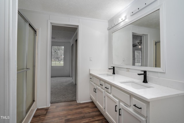 bathroom with vanity, hardwood / wood-style floors, a textured ceiling, and an enclosed shower