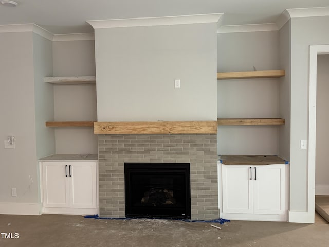 118 Sanderway Dr, Chapel Hill, NC 27516 - unfurnished living room featuring ornamental molding and a fireplace