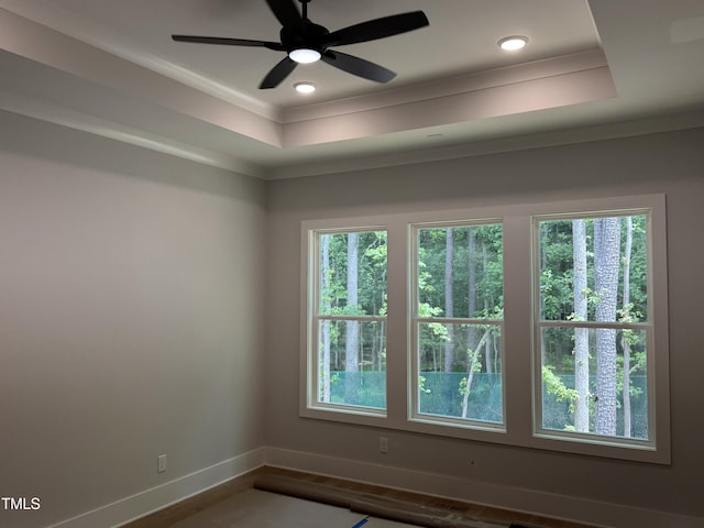118 Sanderway Dr, Chapel Hill, NC 27516 - unfurnished room with a tray ceiling, ornamental molding, and ceiling fan