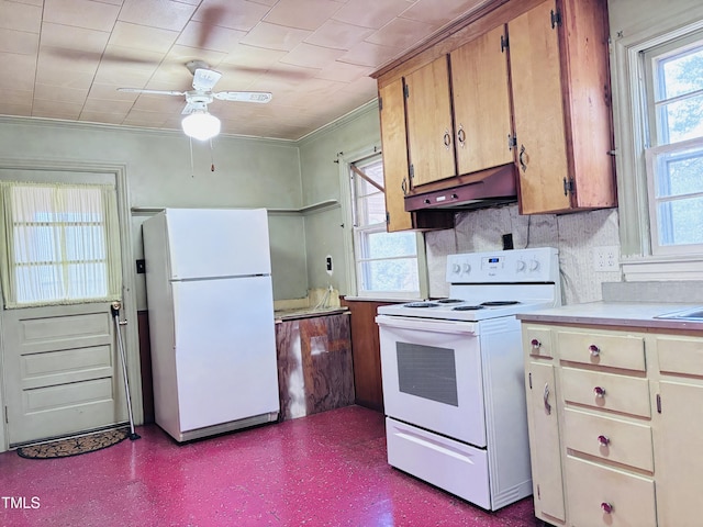 kitchen with a healthy amount of sunlight, backsplash, white appliances, and range hood