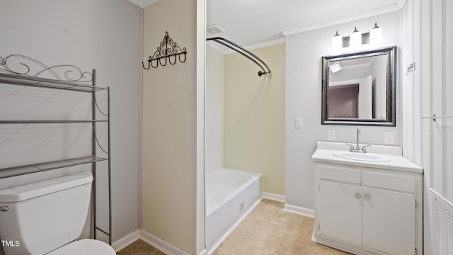 full bathroom featuring vanity, shower / bathing tub combination, crown molding, and toilet