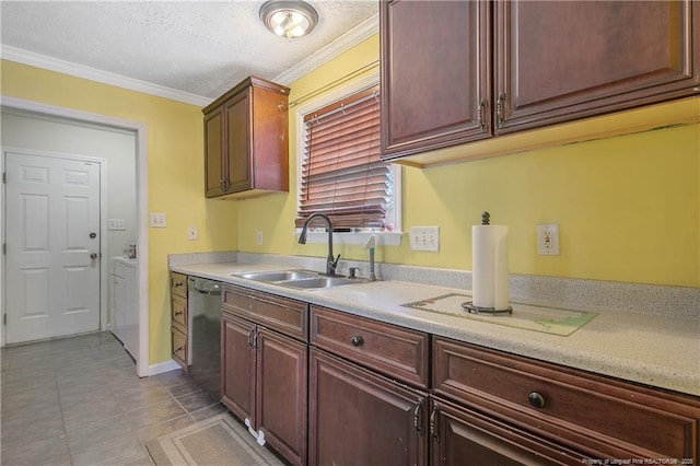 kitchen with light tile patterned flooring, sink, dishwashing machine, ornamental molding, and a textured ceiling