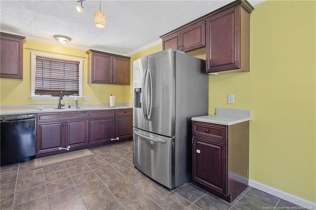 kitchen with pendant lighting, sink, stainless steel fridge, dishwasher, and ornamental molding