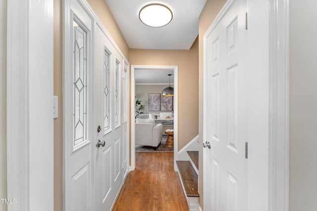 corridor with ornamental molding and wood-type flooring