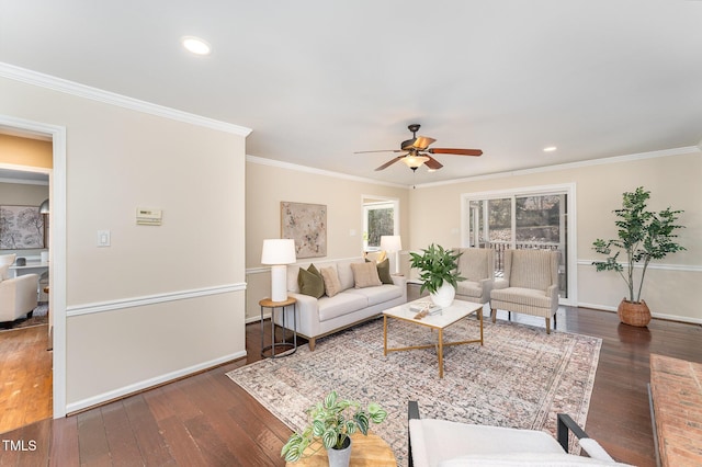 living room with dark wood-type flooring, ceiling fan, and ornamental molding