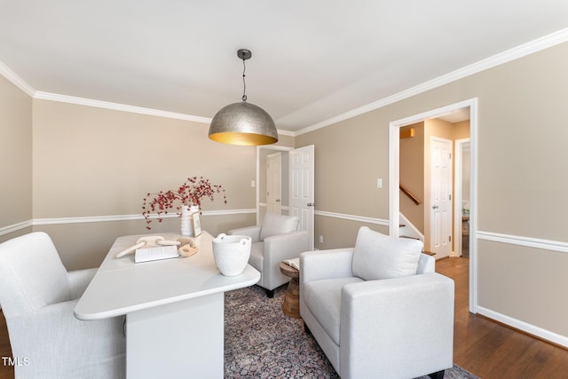 dining space with crown molding and dark hardwood / wood-style flooring