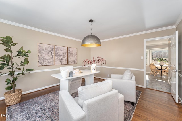 living room featuring crown molding and dark hardwood / wood-style floors