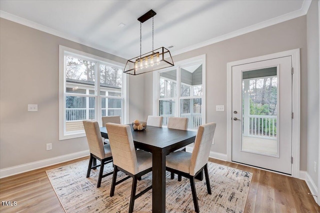 dining space featuring crown molding, a wealth of natural light, and light wood-type flooring