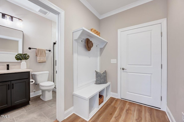 mudroom featuring sink, light hardwood / wood-style flooring, and ornamental molding