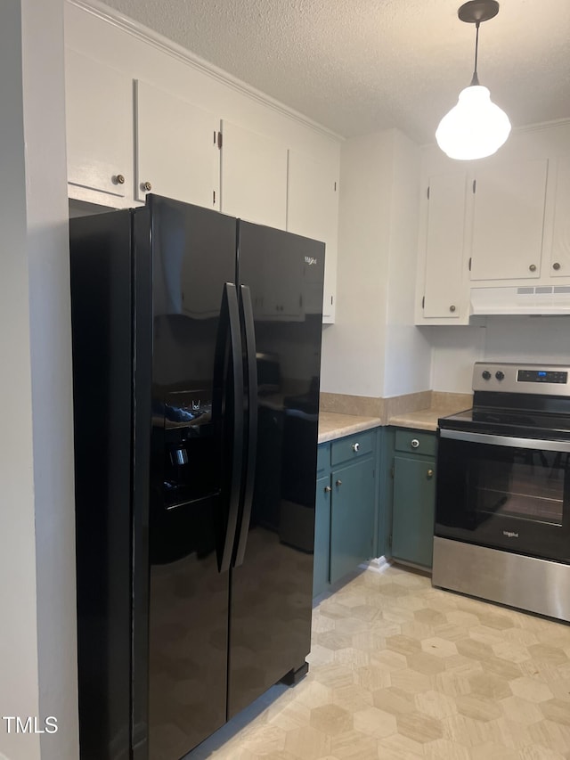 kitchen with light countertops, white cabinetry, stainless steel range with electric stovetop, under cabinet range hood, and black fridge