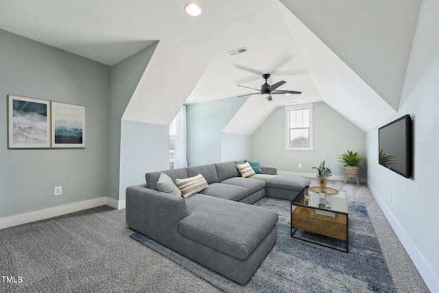 carpeted living room with vaulted ceiling and ceiling fan