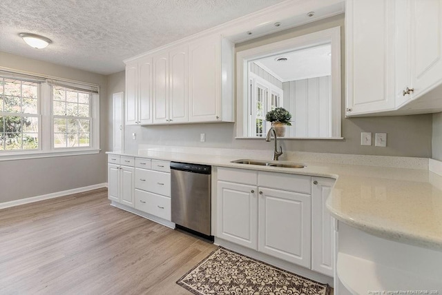 kitchen with white cabinetry, dishwasher, sink, a textured ceiling, and light hardwood / wood-style flooring