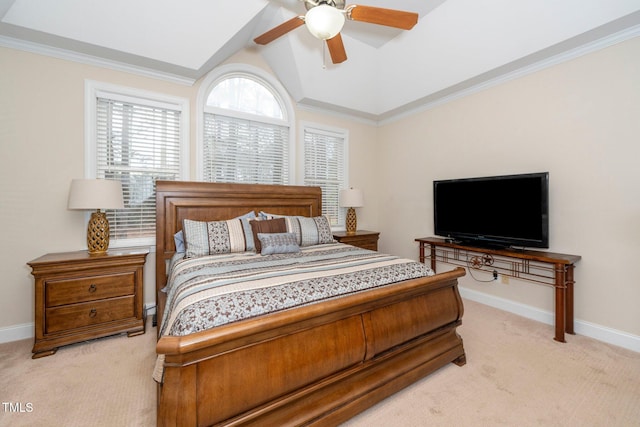 bedroom with light carpet, crown molding, lofted ceiling, and ceiling fan