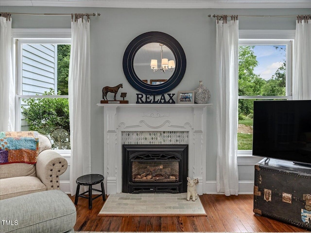 967 Bynum Rd, Pittsboro, NC 27312 - living room with hardwood / wood-style flooring, a glass covered fireplace, and baseboards