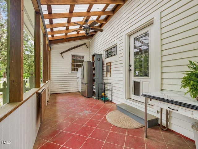 967 Bynum Rd, Pittsboro, NC 27312 - unfurnished sunroom with a ceiling fan and beamed ceiling