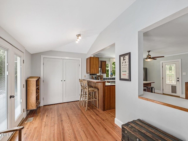 967 Bynum Rd, Pittsboro, NC 27312 - entrance foyer featuring lofted ceiling, light wood-style floors, and ceiling fan