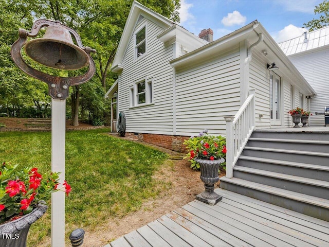 967 Bynum Rd, Pittsboro, NC 27312 - view of side of home featuring a yard, a chimney, a wooden deck, and crawl space