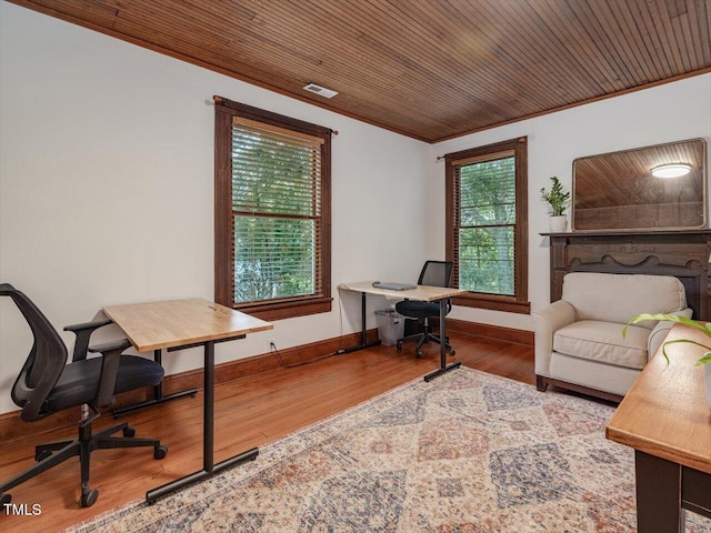 967 Bynum Rd, Pittsboro, NC 27312 - home office with wooden ceiling, wood finished floors, ornamental molding, and baseboards