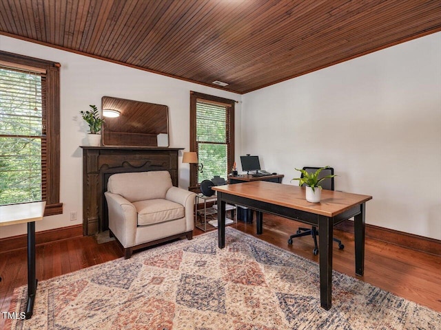 967 Bynum Rd, Pittsboro, NC 27312 - office area featuring wood finished floors, baseboards, crown molding, and wood ceiling