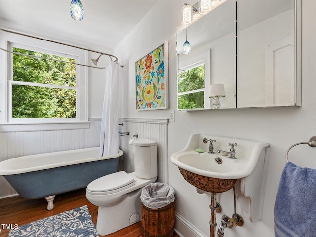 967 Bynum Rd, Pittsboro, NC 27312 - bathroom featuring a soaking tub, plenty of natural light, a wainscoted wall, wood finished floors, and toilet