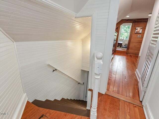 967 Bynum Rd, Pittsboro, NC 27312 - staircase featuring wood-type flooring and lofted ceiling
