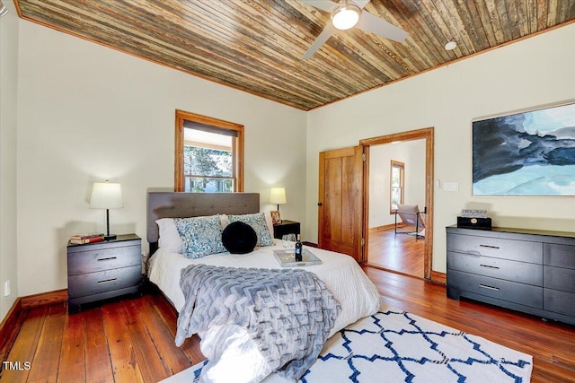 bedroom with multiple windows, wood ceiling, and dark hardwood / wood-style floors