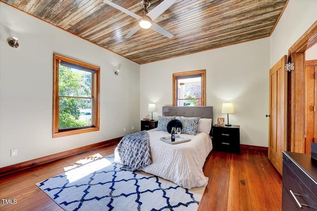 bedroom with wooden ceiling, dark hardwood / wood-style floors, and ceiling fan