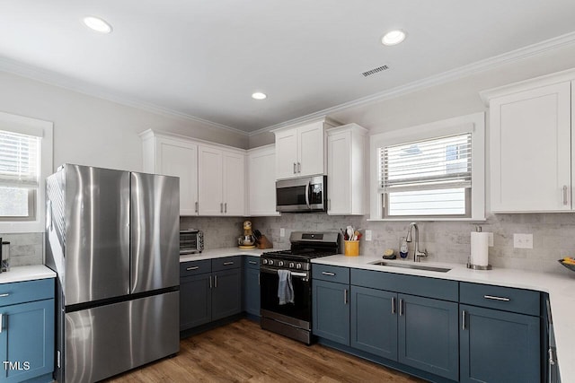 kitchen with blue cabinets, white cabinetry, appliances with stainless steel finishes, and sink