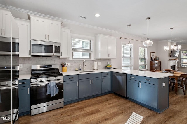 kitchen featuring stainless steel appliances, white cabinetry, sink, and kitchen peninsula