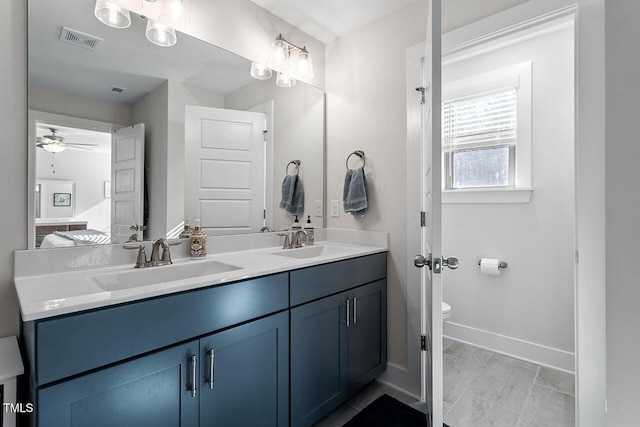 bathroom with vanity, ceiling fan, and toilet