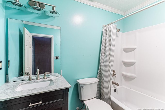 full bathroom with shower / tub combo with curtain, crown molding, vanity, a textured ceiling, and toilet