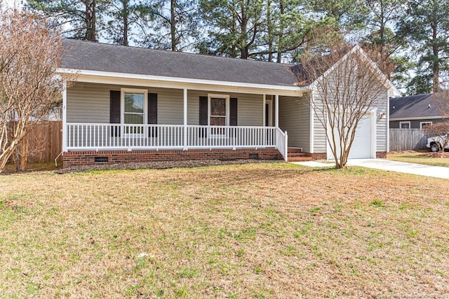 ranch-style house featuring a front yard, roof with shingles, a porch, a garage, and crawl space