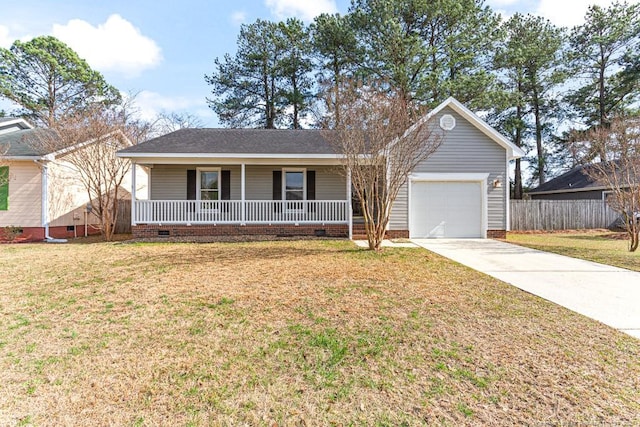 single story home featuring an attached garage, covered porch, a front lawn, concrete driveway, and crawl space