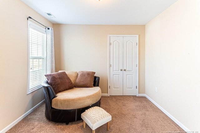 sitting room with carpet floors