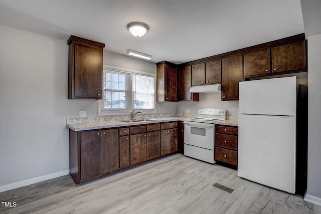 kitchen with white appliances, dark brown cabinetry, sink, and light hardwood / wood-style flooring