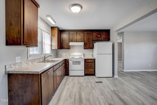 kitchen with dark brown cabinets, sink, white appliances, and light hardwood / wood-style floors