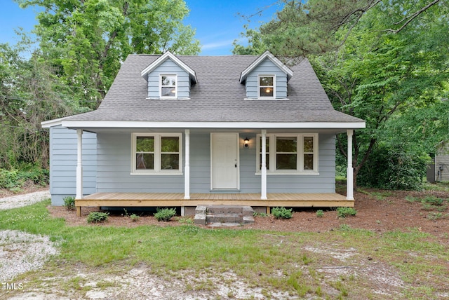 cape cod-style house with a shingled roof and a porch