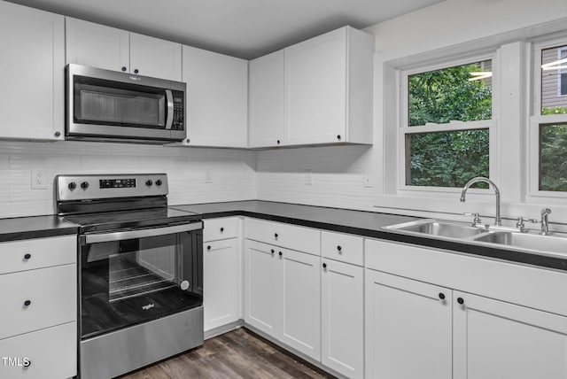 kitchen featuring appliances with stainless steel finishes, a sink, healthy amount of natural light, and white cabinetry