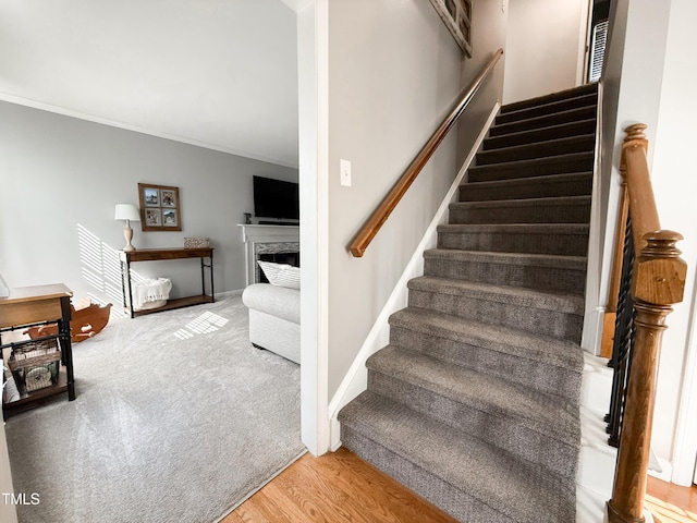 staircase with crown molding and hardwood / wood-style flooring