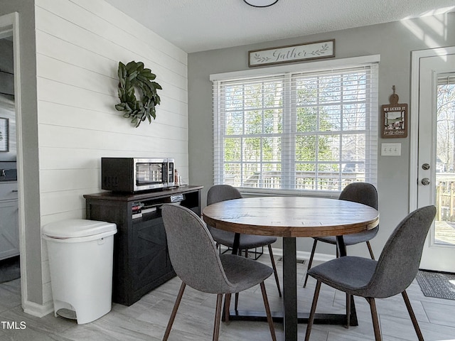 dining space with a wealth of natural light and a textured ceiling