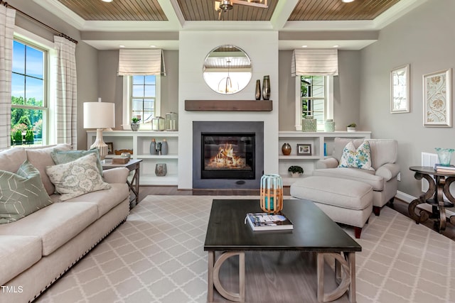 living room with wood ceiling, ornamental molding, and hardwood / wood-style flooring