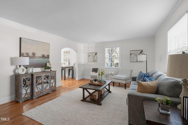 living room featuring light hardwood / wood-style flooring and ornamental molding