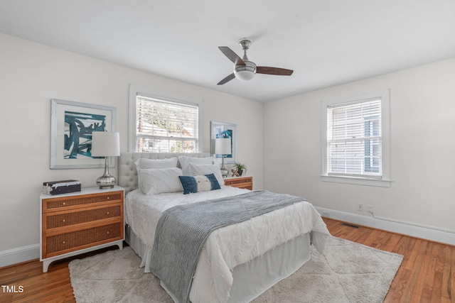 bedroom featuring ceiling fan and light hardwood / wood-style floors