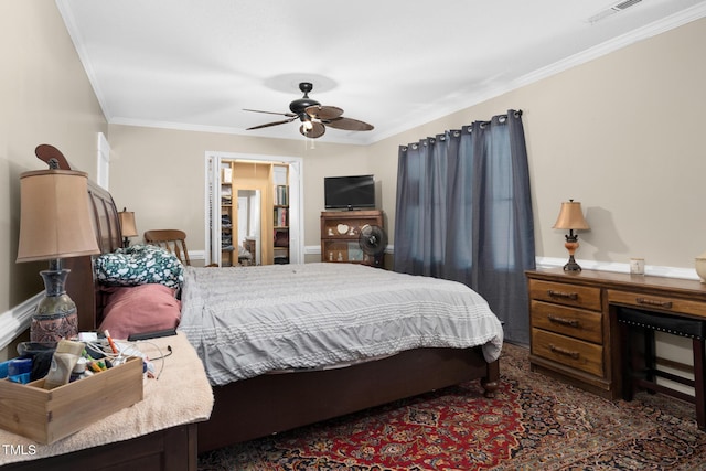 bedroom with visible vents, a ceiling fan, and ornamental molding