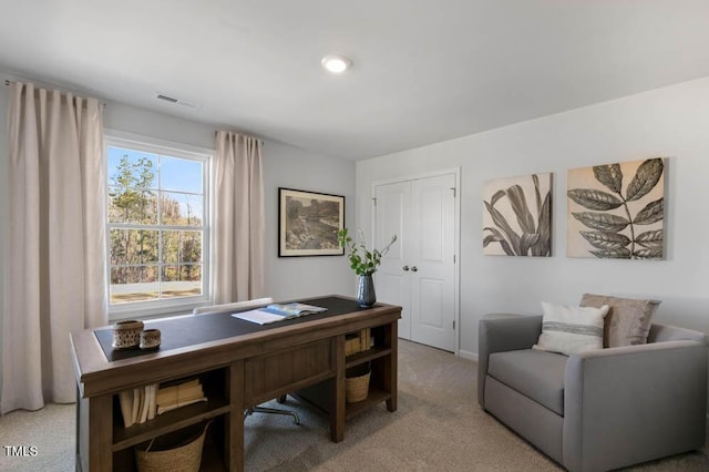 view of carpeted home office